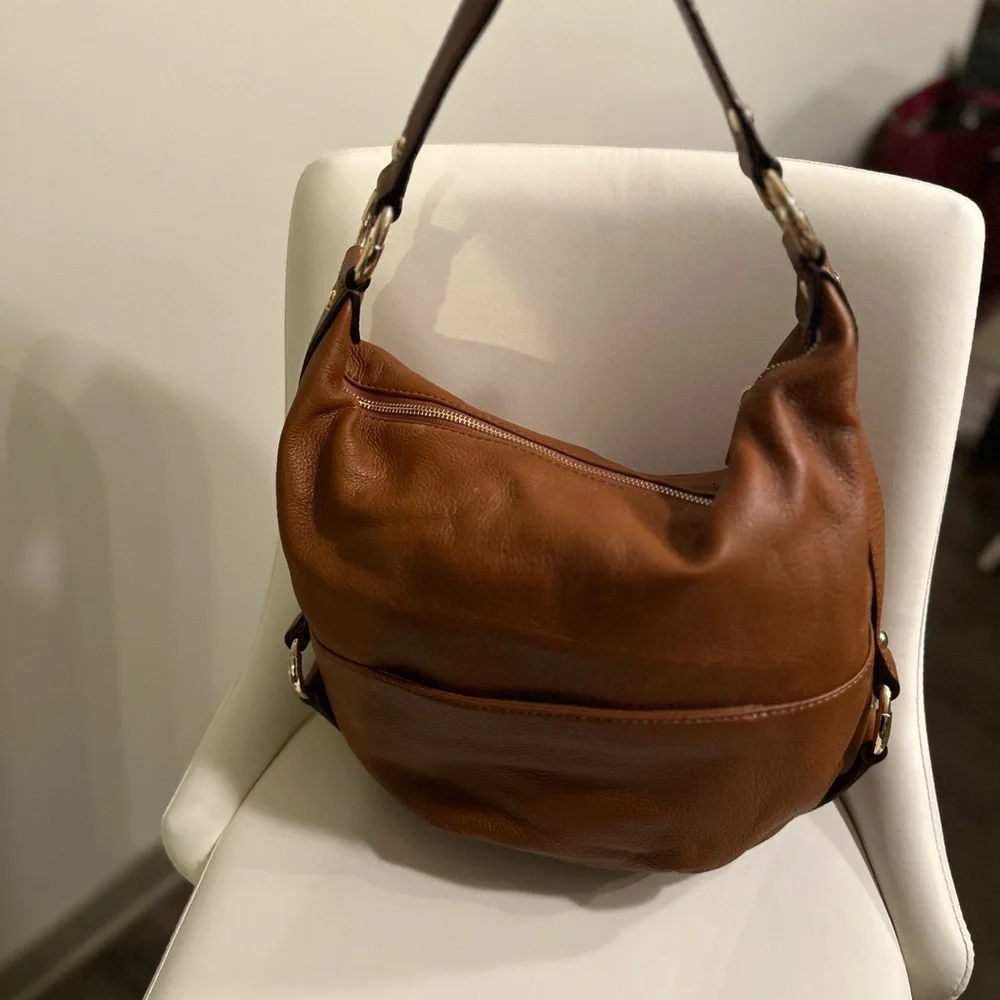 Michael Kors Brown Pebbled Leather Fulton Hobo Bag with Logo Flap Front Pocket